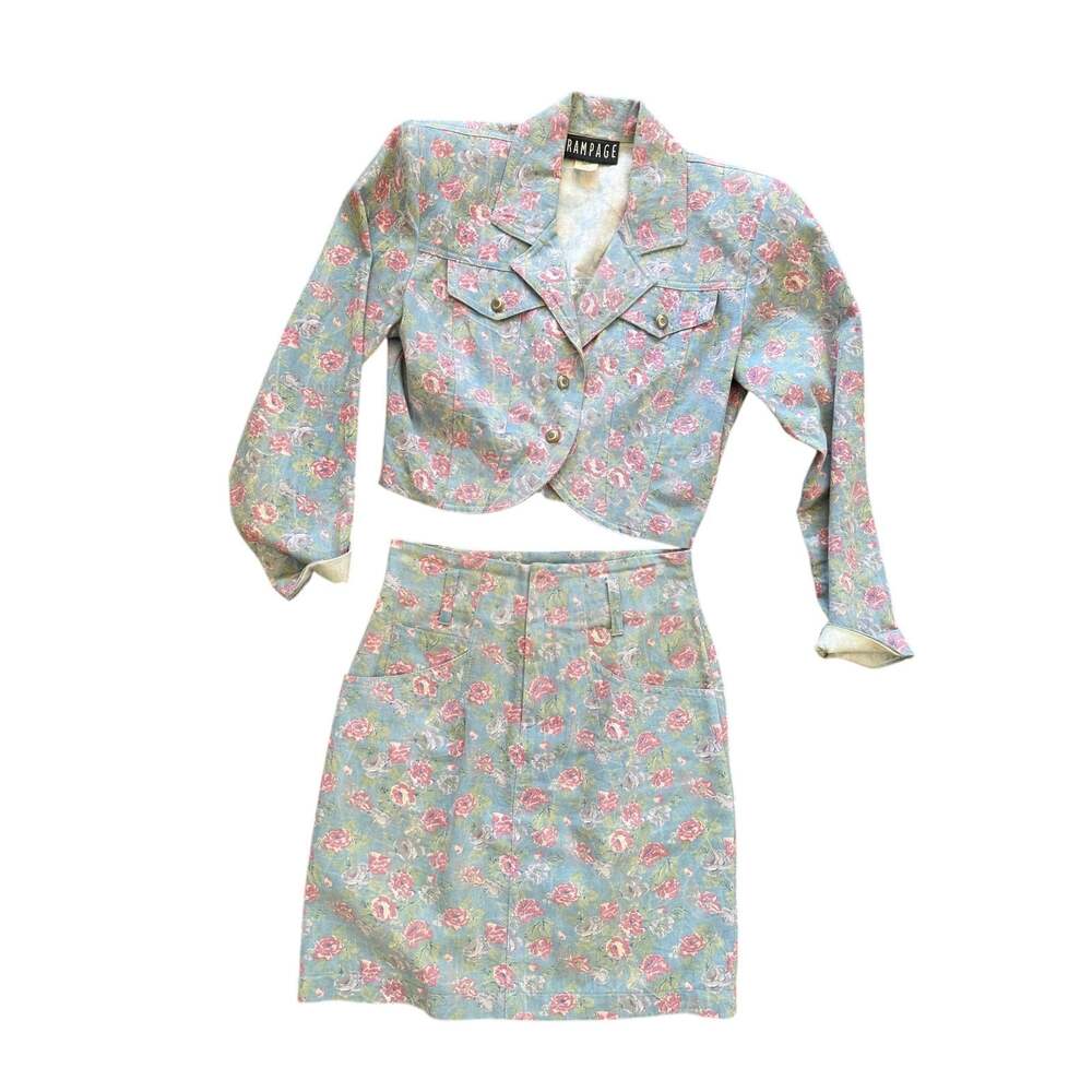 90s Vintage Rampage Light Blue Denim Pink Ditsy Floral Jean Jacket Skirt Set